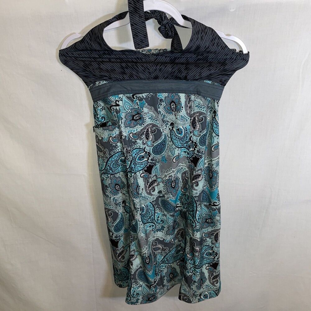 Athleta Sleeveless Dress Women’s Size 6 Gray Teal Paisley Zip Side Zip Pocket